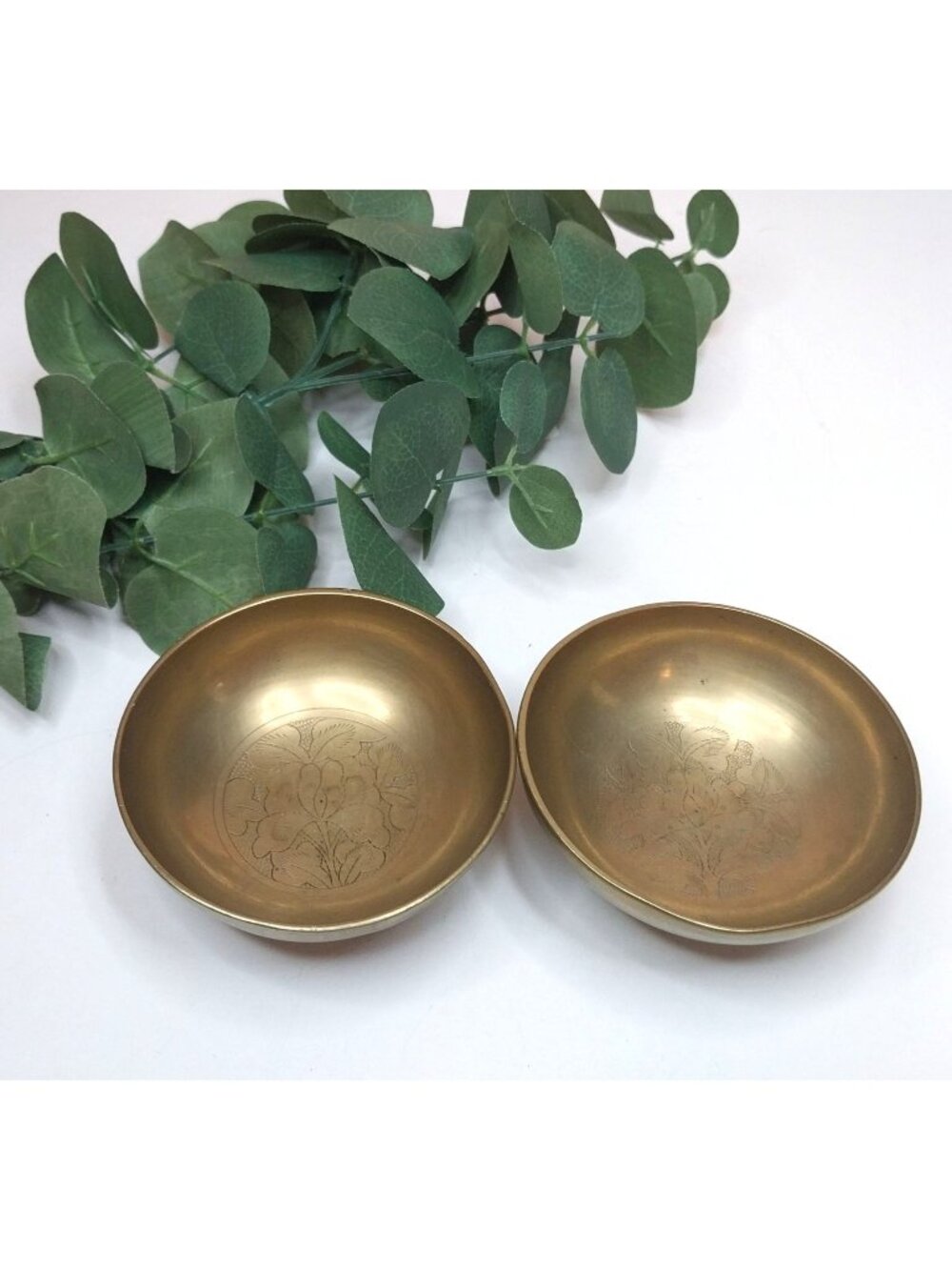 Pair Of Vintage Brass Pedestal Nesting Bowls With Etched Floral Design